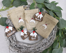 Load image into Gallery viewer, Mini Burlap Treat bag with personalised Christmas pudding