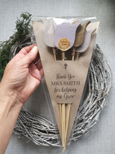 Load image into Gallery viewer, Bunch of 5 Wooden Tulips with personalised gift wrap