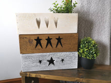 Load image into Gallery viewer, Rustic wooden Star Crate, storage home decor, hearts or stars, country decor plant display