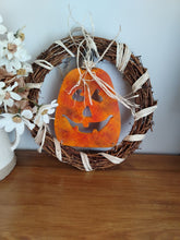 Load image into Gallery viewer, 10" Wreath with wooden pumpkin
