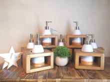 Load image into Gallery viewer, White Soap Dispenser in wooden holder
