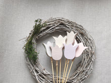 Load image into Gallery viewer, Bunch of 5 Wooden Tulips with personalised gift wrap
