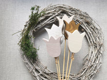 Load image into Gallery viewer, Bunch of 5 Wooden Tulips with personalised gift wrap
