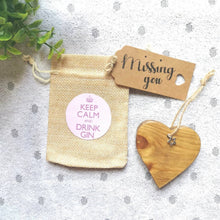 Load image into Gallery viewer, Letterbox Gift Gin Lovers, Solid Wood keepsake Heart in Gift Bag, Keep calm &amp; drink gin with personalised tag, Teachers gift
