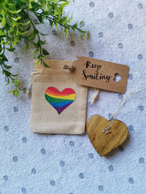 Load image into Gallery viewer, Lockdown Gifts, Letterbox gift, Solid Wood keepsake Heart in Rainbow Gift Bag, positivity, mental health, Missing you, Love you, Stay strong
